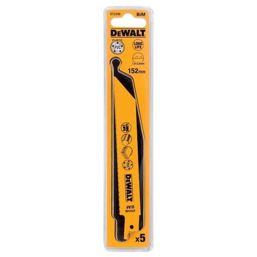 DEWALT DT2348 152mm 1.8-2.5mm DİŞ 3-8mm KESİM 5'Lİ Bİ-METAL SERT PLASTİK, SANDVİÇ KESİM TİLKİ KUYRUĞU TESTERE