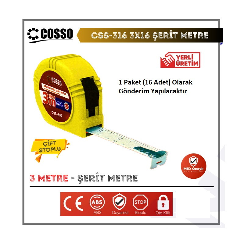 Cosso 3X16 Şerit Metre 1 PAKET (16 ADET)