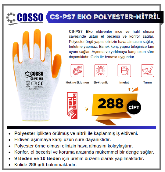 Cosso Cs-Ps7 Eko Poly. Sarı - Nitril No:10 1 Koli (288 Çift)