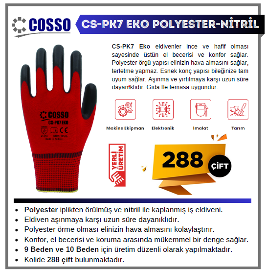 Cosso Cs-Pk7 Eko Poly. Kırmızı - Nitril No:9 1 Koli (288 Çift)