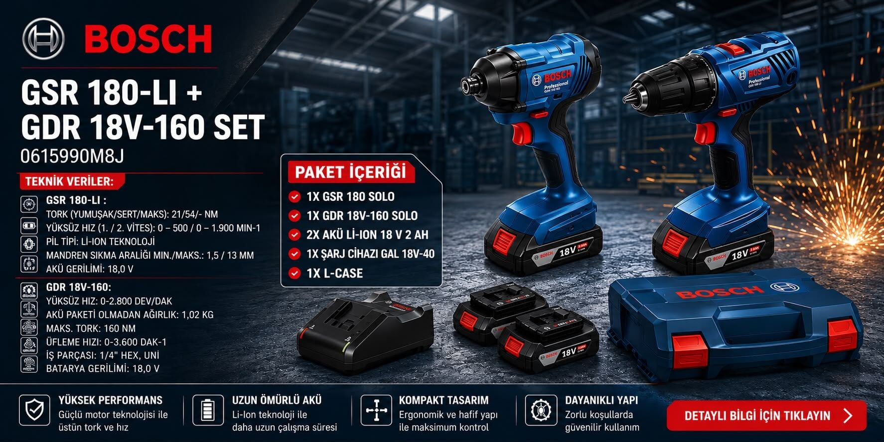Bosch Gsr 180 + Gdr 18v-160 + 18v 2 X 2.0 Ah Akülü Set